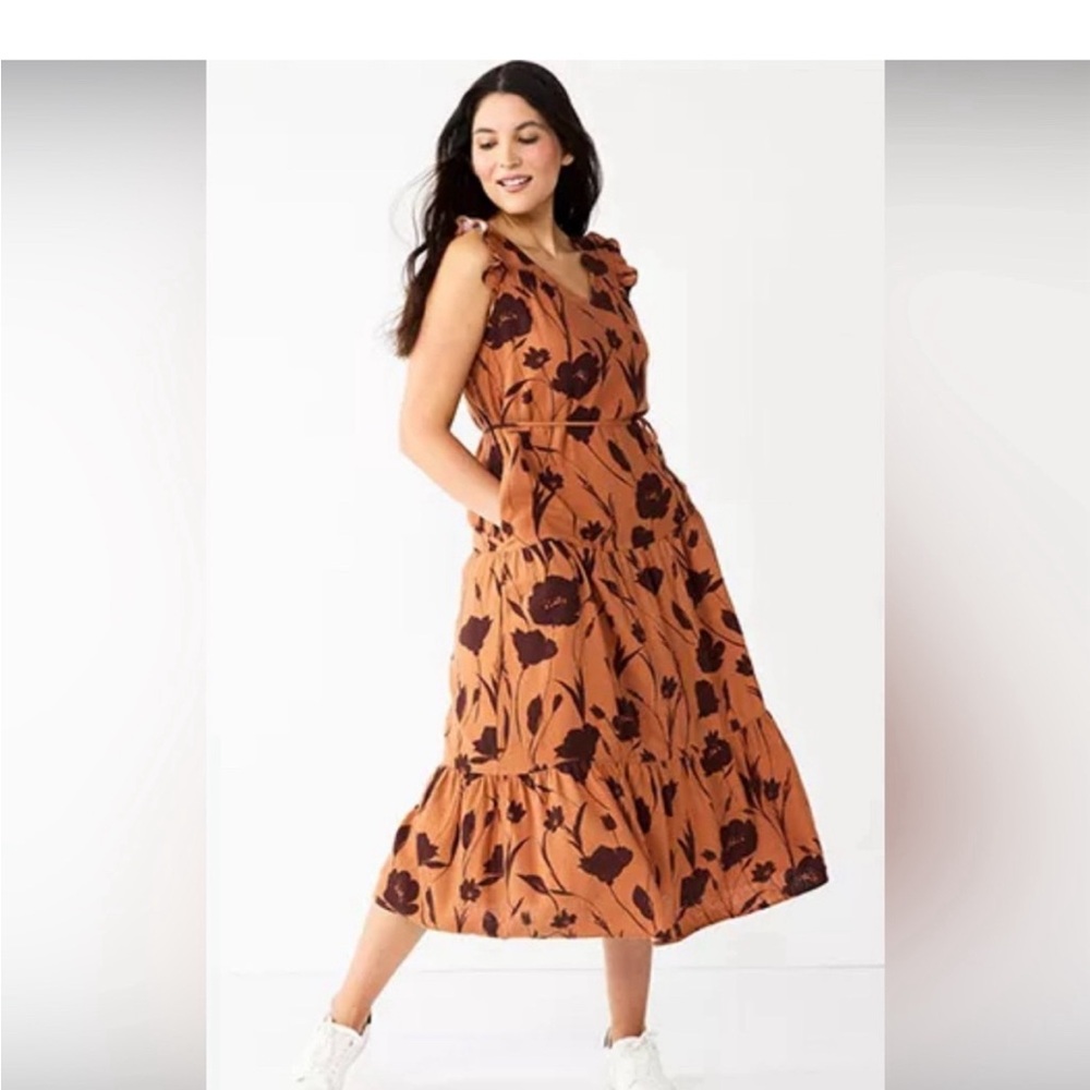 Midi Dress M V-Neck Tiered Simply Vera Vera Wang Brown Floral Print‎